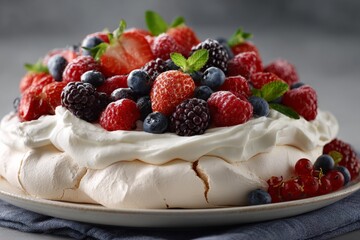 Delicious Pavlova Dessert with Whipped Cream and Fresh Berries, Ideal for Celebrations and Events