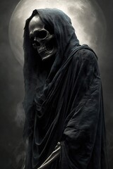 Grim reaper over dark misty background with full moon. Happy Halloween poster. Generative Ai