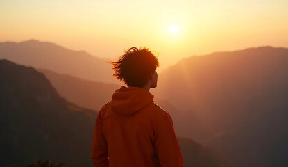 Breathtaking mountain vista at sunset. A young man stands in awe, inspired by the peaceful, golden panorama. Perfect for travel, adventure, or wellness campaigns