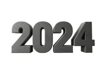 Large, block-like '2024' numerals, dark matte charcoal grey, crudely chiseled concrete, isolated on a transparent background with copy space, passage of time and history concept