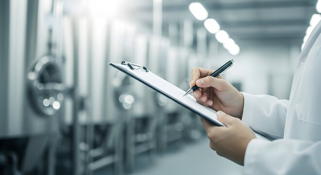 Quality control inspection in modern brewery factory industrial production process checking report document