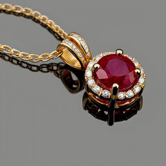 A stunning ruby pendant gleams, its vibrant red gemstone encircled by shimmering diamonds and secured by a delicate gold chain, creating a display of timeless elegance and opulent luxury.