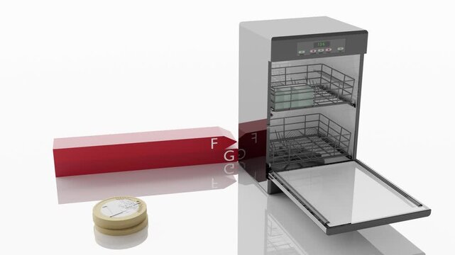Filmato. Illustrazione 3D. Elettrodomestici: Lavastoviglie con affiancato simbolo di Risparmio energetico. Monete da un euro si accumulano a simboleggiare il risparmio.