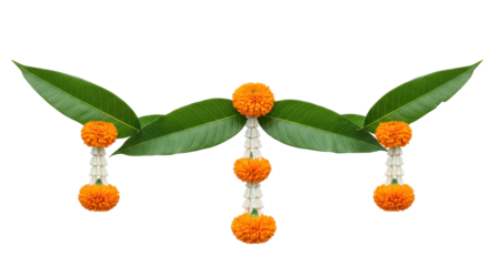 Floral Festoon Adornment: A vibrant arrangement of marigold blossoms and lush green leaves, meticulously arranged to create a celebratory adornment.