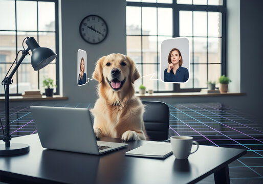 Golden retriever dog hosting online video conference at office desk with laptop, funny concept of pet as manager in virtual meeting, corporate leadership and digital communication in modern workplace