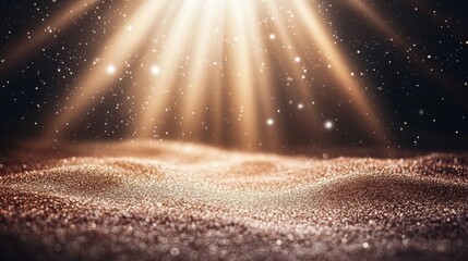 Golden Sunlight Beams Emerge, Caressing Gentle Glittering Dunes in a Dreamy Desert Landscape.