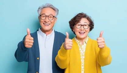 Smiling senior couple showing thumbs up on blue background