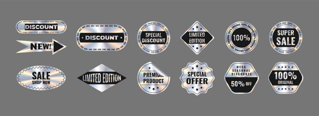 Bis set of tags and stickers with holographic effect for business: sale, 50% seasonal discounts, 100% original, promotion, discount, best price, NEW, limited edition, premium product. 