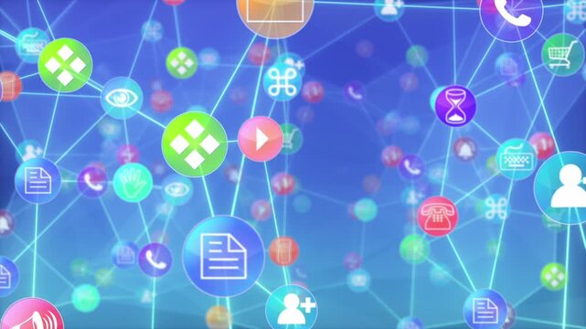 Various Icons of Fictional Smartphone Apps connected with Glowing Lines 3D Animation