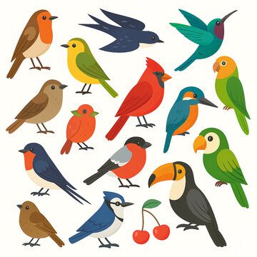 Colorful Bird Species Vector Set &ndash; Flat Modern Style on White Background