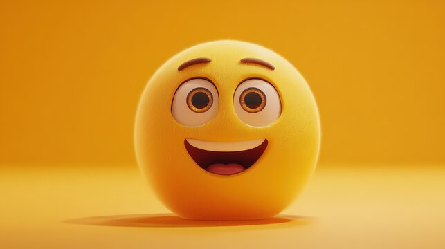 Bright yellow emoji with big curious eyes and a wide happy smile on a solid yellow background perfect for digital communication and emoticons - Powered by Adobe