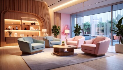 Fototapeta premium Contemporary furniture store with dreamy pastel tones, luminous armchairs, and elegant wooden textures enhanced by mystical lighting for a surreal atmosphere