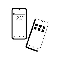 Icon of a black smartphone with two angles, front view showing the home screen and a tilted view displaying the menu screen. Mobile phone technology, line art style.
