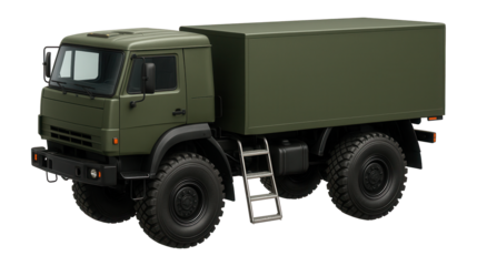 Two-axle military truck with a high ground clearance and ladder access to the cab