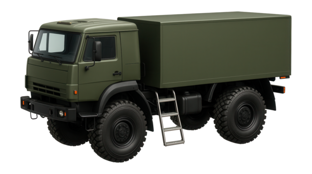 Two-axle military truck with a high ground clearance and ladder access to the cab