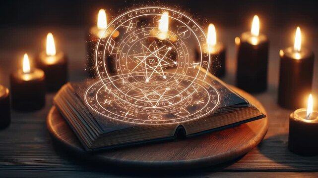 Magic book with glowing mystical symbols and black candles forming burning flame circle creating mysterious Halloween atmosphere dark wooden setting