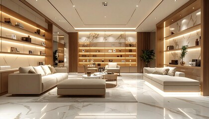 Magical furniture boutique with floating shelves, sleek sofas, and glowing marble tables, captured in crisp HD with ethereal lighting and refined showroom design