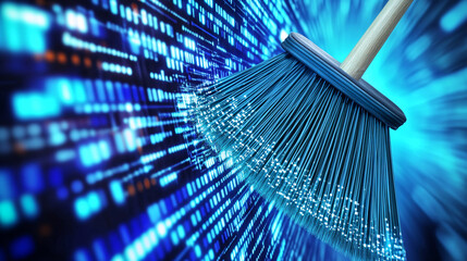 Broom sweeping a digital landscape with blue tones Generative AI