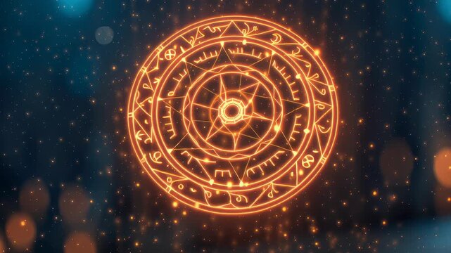 Magical glowing circle hovers above ancient book with mystical symbols creating mysterious halloween atmosphere and enchanting light dark background