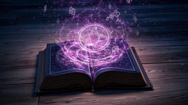 Magical book glowing purple symbols mystical light pentagram circles floating above wooden floor creating mysterious halloween atmosphere full
