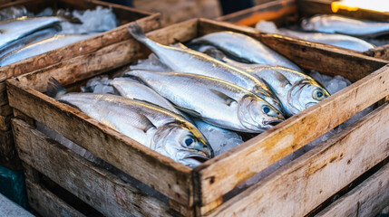 Fresh catch of silver fish displayed in wooden crates Generative AI