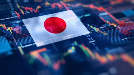 Japanese flag overlaid on financial stock market graphics Generative AI