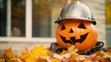 Creative jack-o-lantern wearing a hard hat in fall leaves Generative AI