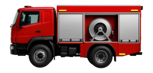 Red fire engine with high-pressure hose reel visible on the side panel