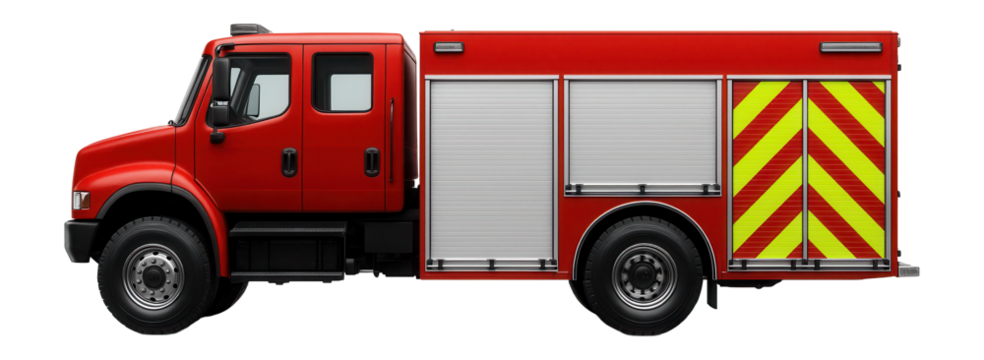 Firefighting truck with high-visibility chevron pattern on the rear doors