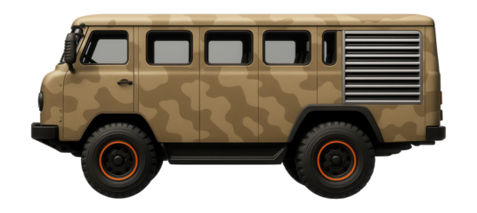 Desert-camouflage troop carrier bus with rear ventilation louvers and skid plates