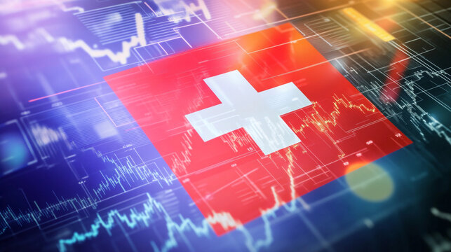 Swiss flag background with financial data visualization Generative AI