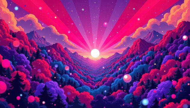 Majestic mountain vista, a colorful landscape painting with lush trees and rolling hills