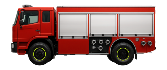 Fire engine with a boxy water tank and multiple side outlets for hoses