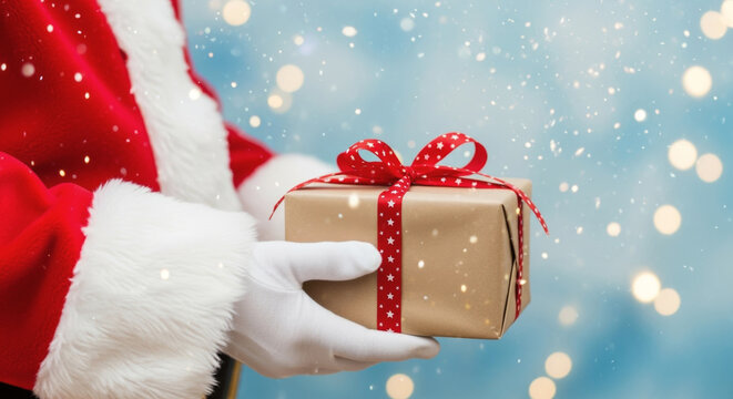 a hand of santa claus is giving a christmas present on a blue background
