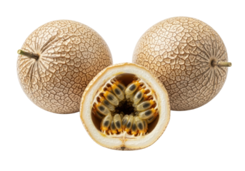 Macro, shriveled passion fruits: two whole, one bisected showing pulp and seeds, transparent background, copy space. Botanical aging and natural desiccation concept