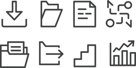 Black outline workflow icons — download, folder, document, flowchart, export, progress steps, and data chart symbols for interface design
