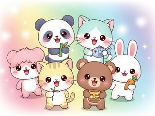 Naklejka premium Set of adorable kawaii animals including panda, cat, bunny, bear, and friends with pastel background.