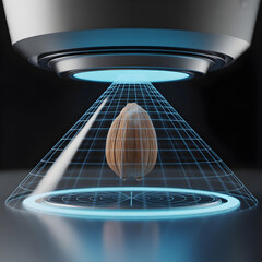 A 3D model of a seed being analyzed by a futuristic scanner.