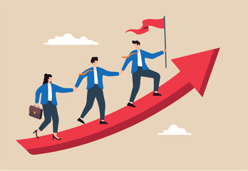 Flat illustration of businessman leader with flag hold hand with employee walking up rising growth arrow graph teamwork cooperate together achieve target leadership build team