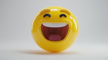 Fototapeta premium Bright yellow smiley face ball with a joyful expression and wide open mouth, designed for fun, happiness, and playful moods in creative projects