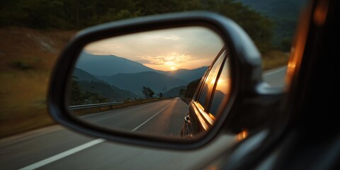 Fototapeta premium Scenic Reflection of Mountains and Road in Car Side Mirror During Sunset
