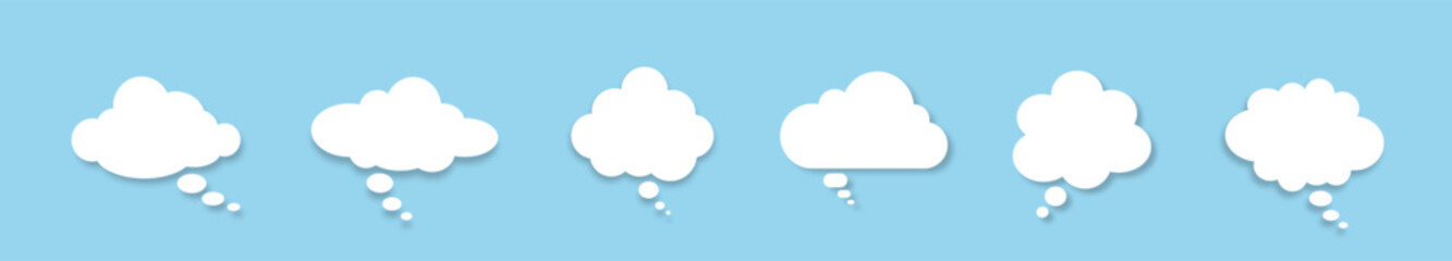 A set of six chat windows for commenting on messages on a blue background. Speech bubbles of different shapes. White clouds. Vector EPS 10.