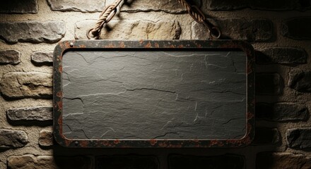 Rustic Slate Sign on Stone Wall - Blank Space for Text