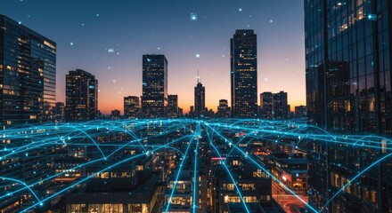 Cityscape at night with digital network overlay