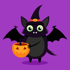 Funny Bat Wearing Witch Hat Holding Candy Bucket – Cartoon Halloween Vector Illustration