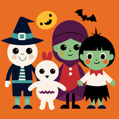 Group of Cute Kids in Halloween Costumes Witch Vampire Mummy Ghost Cartoon Vector T-shirt Illustration in Playful Style