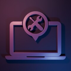 Purple Laptop with screwdriver and wrench icon isolated on purple-blue background. Adjusting, service, setting, maintenance, repair, fixing. Minimalism concept. 3D render illustration
