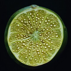 A close up view of a sliced green citrus fruit with seeds on a dark black colored background studio shot