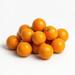A pile of bright orange tangerines stacked together on a plain white surface in a studio setting shot