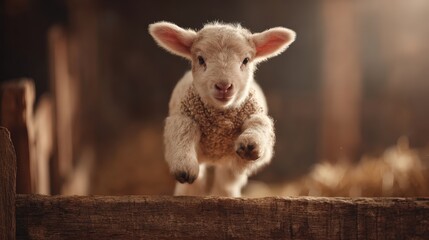 Adorable baby sheep jumping over a wooden fence in a rustic farm barn with warm natural lighting and soft hay bedding scene